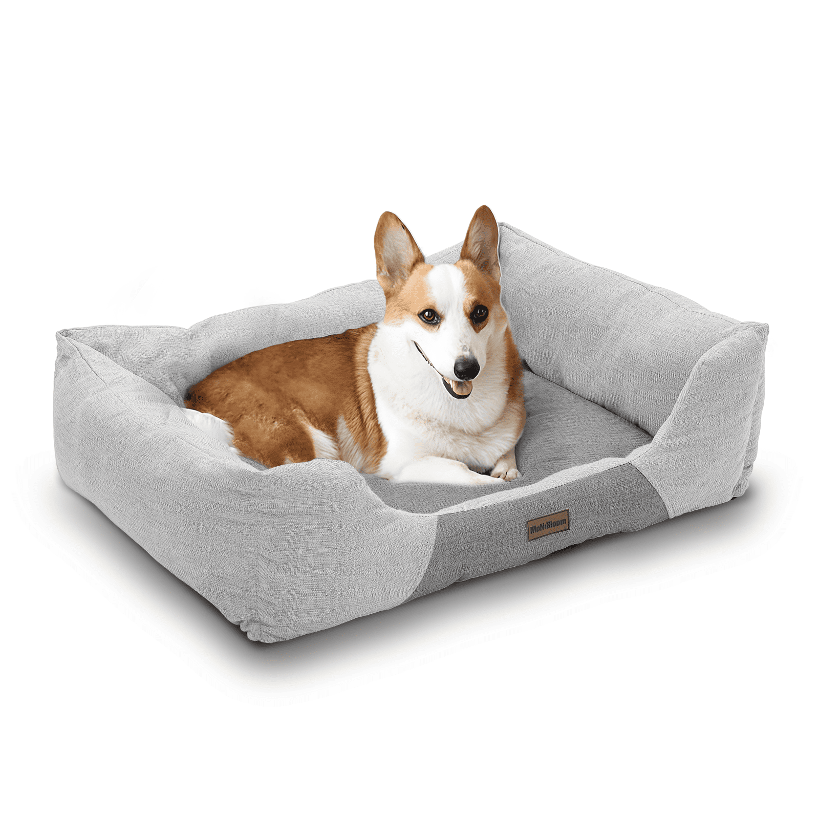 Large Light Gray Linen-Feel Rectangular Dog Bed with Raised Sides