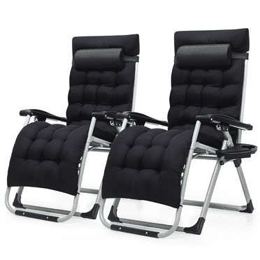 MoNiBloom Reinforced Zero Gravity Chair Set of 2, Folding Pool Beach Lounger, Chaise with Cushion, Headrest and Side Tray, Black