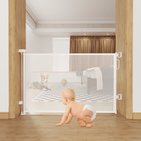 MoNiBloom Retractable Mesh Baby & Dog Pet Safety Gate for Stairs & Doorways - 34" Tall, Extends to 64" Wide - Indoor & Outdoor Child Gates for the House, White