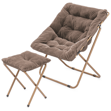 MoNiBloom Saucer Chair and Folding Footrest Stool Set, Soft Faux Fur Oversized Accent Chair, Metal Frame Moon Chair for Bedroom Living Room Dorm, Beige