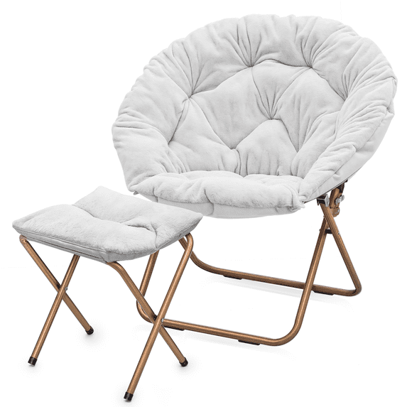 Monibloom Round Folding Faux Fur Saucer Chair with Ottoman, Cozy Reading Chair with Metal Leg & Thick Padding for Bedroom Living Room Dorm, White