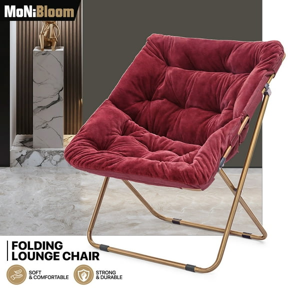 MoNiBloom Saucer Chair Soft Faux Fur Oversized Folding Accent Chair Lounge Lazy Chair Moon Chair with Metal Frame for Bedroom Living Room, Red