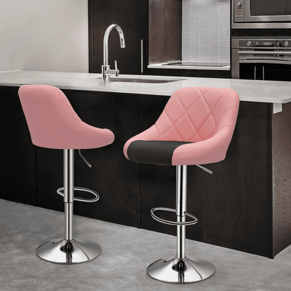 MoNiBloom Set of 2 Adjustable Height Barstools with Footrest and Chrome Base, Faux Leather Swivel Bar Stools, Kitchen Counter Height Chairs, Pink/Black