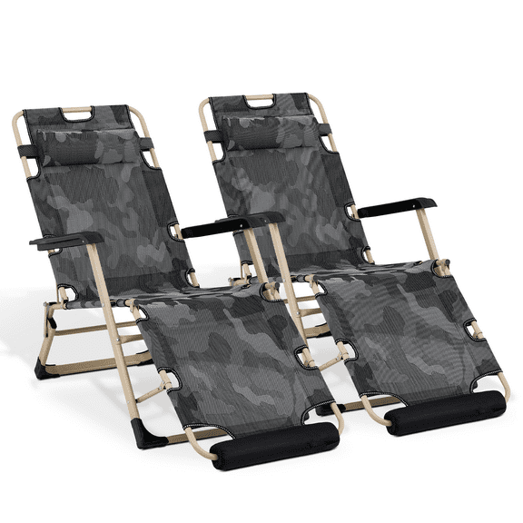 MoNiBloom Set of 2 Folding Lounge Chair with Adjustable Headrest and Foot Pads, Outdoor Foldable Recliner, Portable Reclining Lounger for Adults, Support 330lbs, Camouflage
