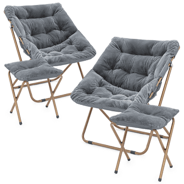 MoNiBloom Set of 2 Folding Saucer Chair and Footrest Stool Set, Soft Faux Fur Oversized Accent Chair, Metal Frame Moon Chair for Bedroom Living Room, Gray