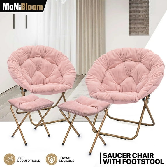 MoNiBloom Set of 2 Folding Saucer Chair with Ottoman, Faux Fur Moon Chair and Footrest with Metal Frame, Foldable Lounge Chair and Foot Stool Set, Pink