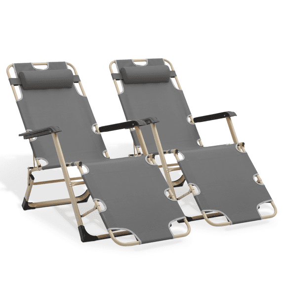 MoNiBloom Set of 2 Outdoor Lounge Chair Portable Folding Recliner Camping Lawn Deck Patio Pool Reclining Lounge Chaise for Adults, Adjustable Headrest, Grey