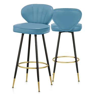 MoNiBloom Set of 2 PU Leather Counter Height Bar Stools with Shell Back, Low Back Chairs Cushion Padded Seat for Kitchen Home Bar Pub Living Room Dining Room, Blue