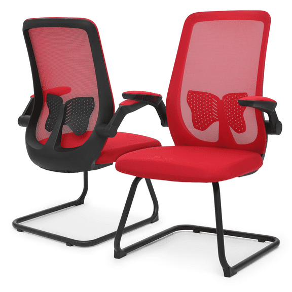 MoNiBloom Set of 2 Ergonomic Office Chair, Mesh Reception Seat with Lumbar Support & Flip-Up Arms for Waiting Room, Red