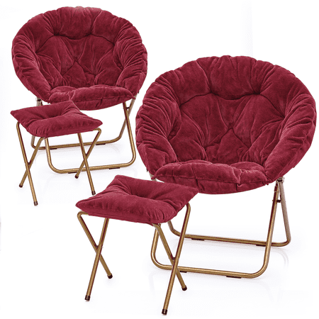 Monibloom Round Folding Faux Fur Saucer Chair with Ottoman for Adults, Bedroom, Living Room, Dorm, Metal Frame Thick Padded, Red (2-Pack)