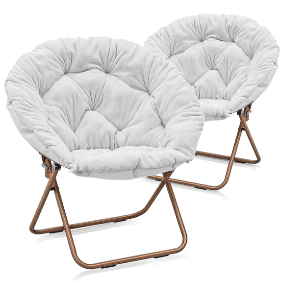 Monibloom Round Faux Fur Saucer Chair for Adults, Oversized Comfy Chair for Bedroom, Living Room, Dorm, Apartment, with Padded Folding Metal Frame, White (Set of 2)