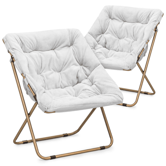 MoNiBloom Folding Saucer Chair Set of 2, Oversized Faux Fur Lounge Reading Seat with Thick Padded Metal Frame, for Bedroom Living Room, White