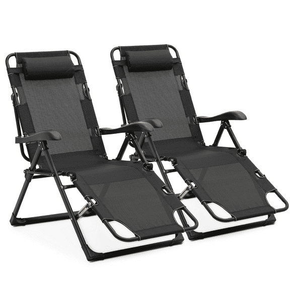 MoNiBloom Set of 2 Outdoor Zero Gravity Folding Reclining Lounge Chair with Pillow, Indoor Office Recliner Sleeping Bed, 95-180 Adjustable, Black