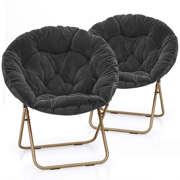 Monibloom Round Faux Fur Saucer Chair for Adults, Oversized Comfy Chair for Bedroom, Living Room, Dorm, Apartment, with Padded Folding Metal Frame, Black (Set of 2)