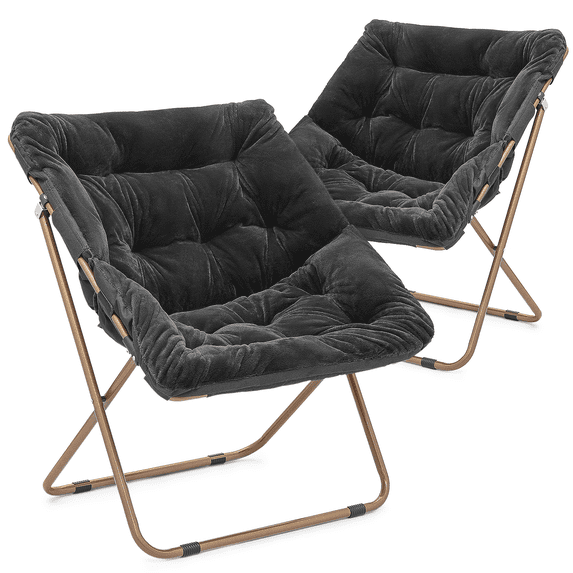 MoNiBloom Folding Saucer Chair Set of 2, Oversized Faux Fur Lounge Reading Seat with Thick Padded Metal Frame, for Bedroom Living Room, Black