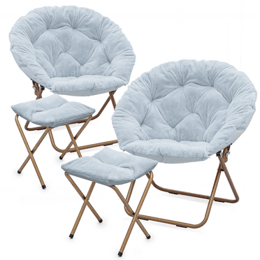 MoNiBloom Set of 2 Saucer Chair with Ottoman, Faux Fur Folding Chair and Footrest Foot Stool Set with Metal Frame for Bedroom Living Room, Blue