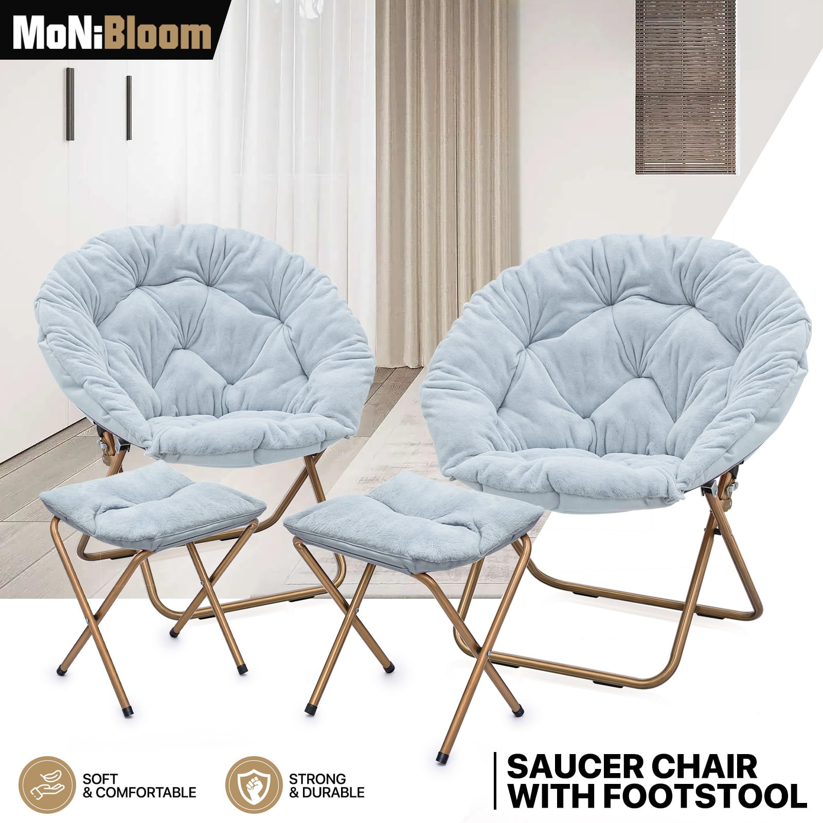 MoNiBloom Set of 2 Saucer Chair with Ottoman, Faux Fur
