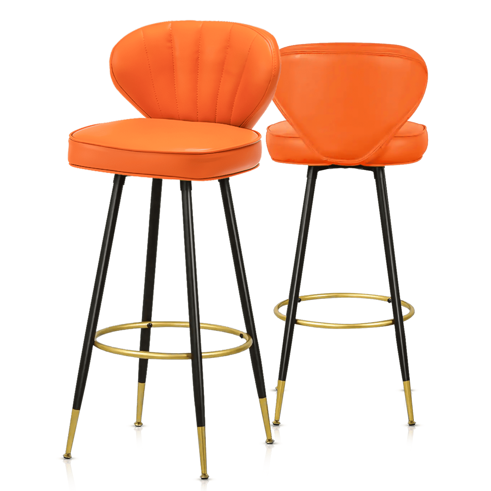 Set of 2 Orange PU Leather Swivel Bar Stools with Gold Footrest
