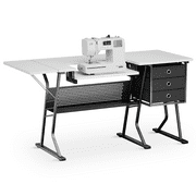 MoNiBloom Sewing Machine Table with Fold-Down Top, Height Adjustable Platform Craft Table with Storage Shelves & Drawers, White