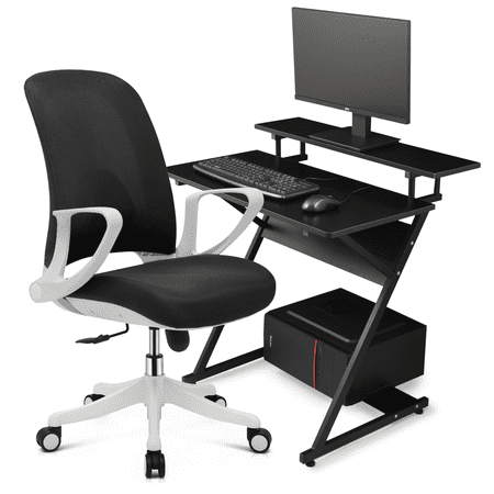 MoNiBloom Standing Computer Desk with Monitor Storage Shelf & Host Rack and Mesh Swivel Task Seat with Armrest, Black