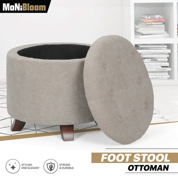 MoNiBloom Storage Ottoman with Padded Seat, Modern Cotton-linen Footrest, Round Seat Stool, for Entryway Living Room Beige