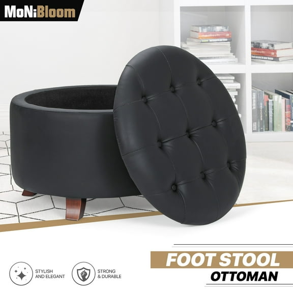 MoNiBloom Storage Ottoman with Padded Seat, Modern PU Leather Footrest, Round Seat Stool, Black