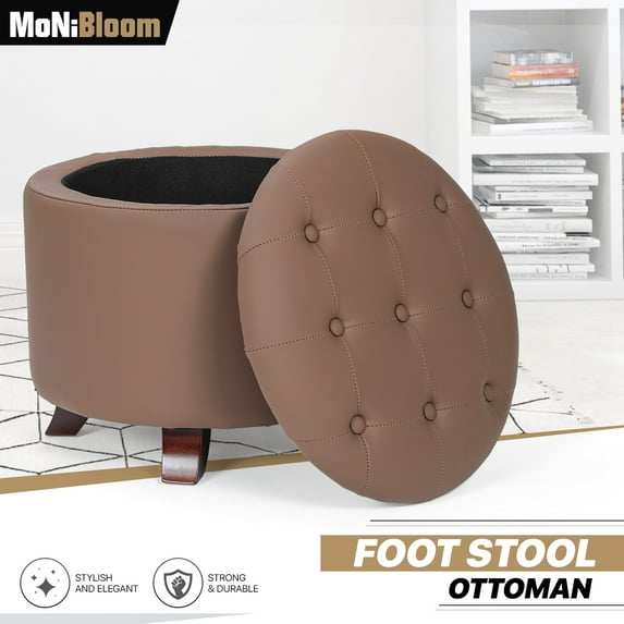 MoNiBloom Storage Ottoman with Padded Seat, Modern PU Leather Footrest, Round Seat Stool, Brown