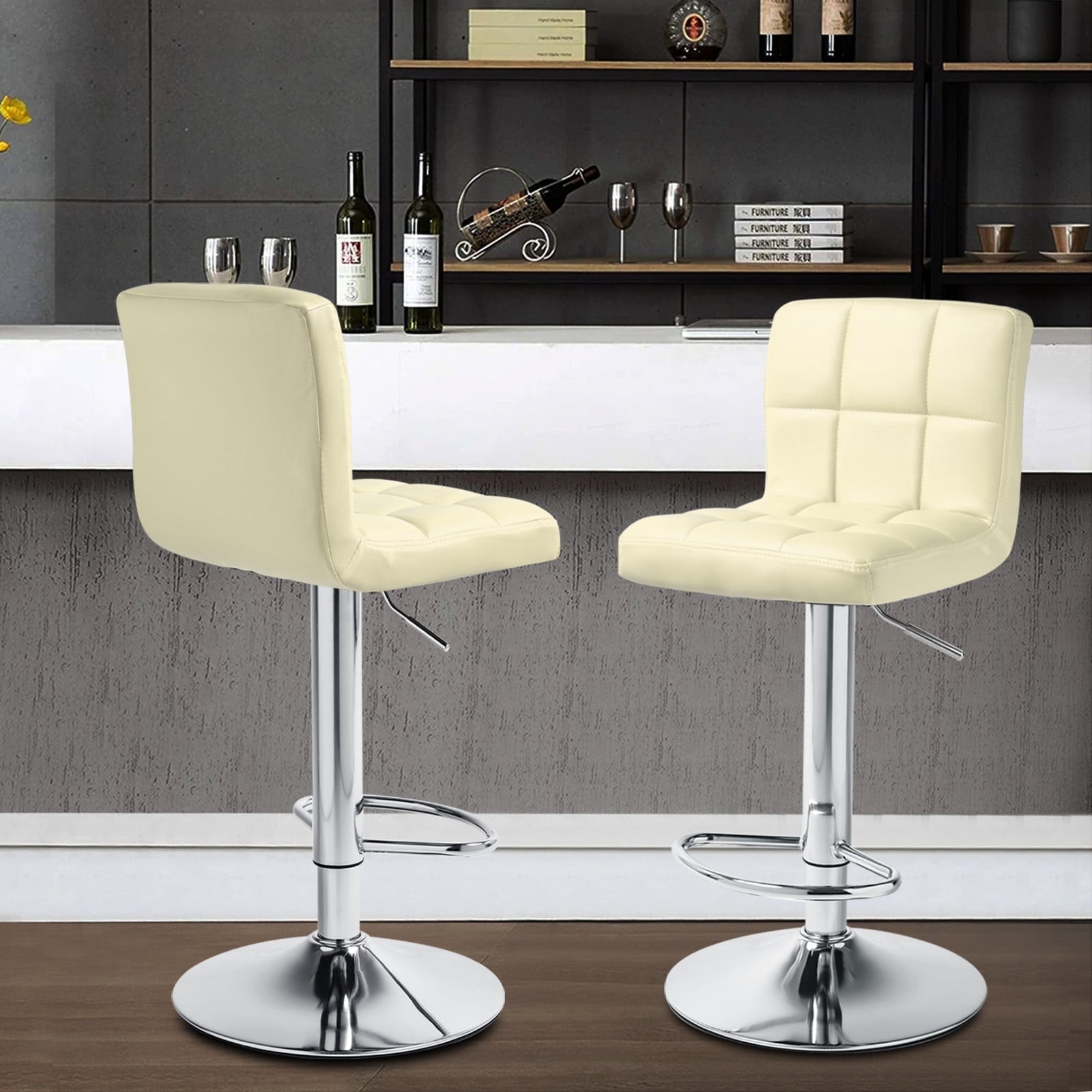 MoNiBloom Swivel Bar Stool Set of 2, Leather Adjustable Height Barstools Lift Pub Chair for Kitchen Bar, Beige