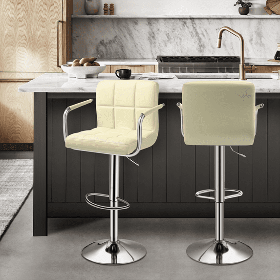 MoNiBloom Swivel Bar Stools Set of 2, Kitchen Counter Square Island Height Adjustable Faux Leather Barstool, Beige