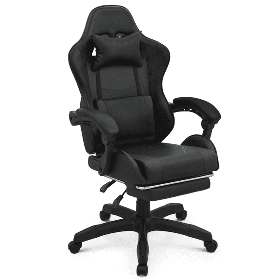 MoNiBloom Swivel Gaming Chair, Reclining Computer Chair with Footrest and Lumbar Support, Adjustable Office Chair with Headrest, Black (Standard Seat)
