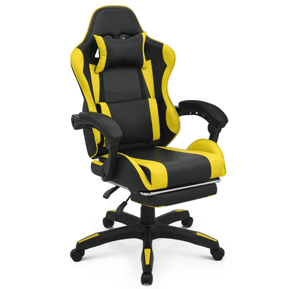 MoNiBloom Swivel PC Gaming Chair, Ergonomic Faux Leather Recliner Seat with Footrest and Lumbar Support for Bedroom, Yellow