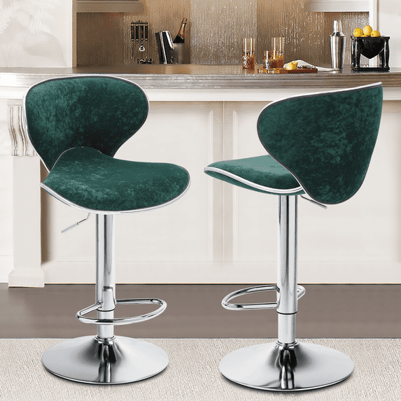 MoNiBloom Velvet Adjustable Bar Stools, Swivel Barstools with Back, Armless Counter Height Chairs for Kitchen Dining Pub Cafe Set of 2, Green