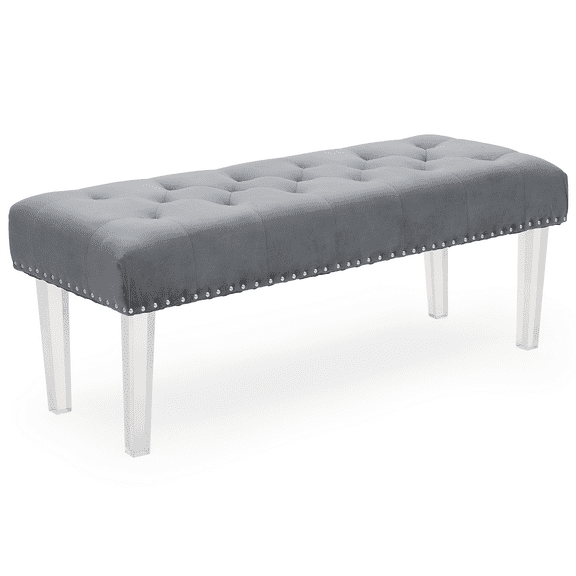 MoNiBloom Velvet Bench, Upholstered Ottoman Bench for Bedroom, End of Bed Bench Foot Stool for Living Room Entryway, Tufted and Acrylic Legs, Grey