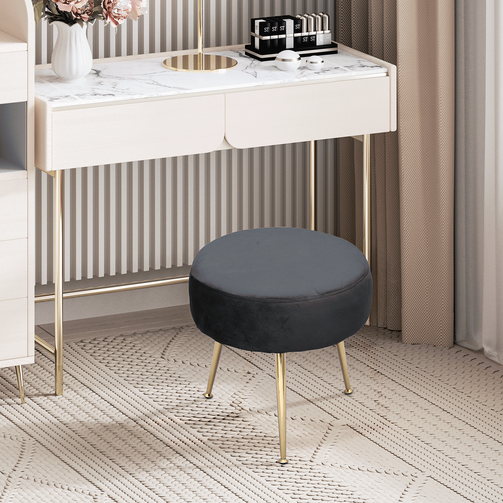 MoNiBloom Modern Velvet Round Footstool Ottoman, Vanity Footrest