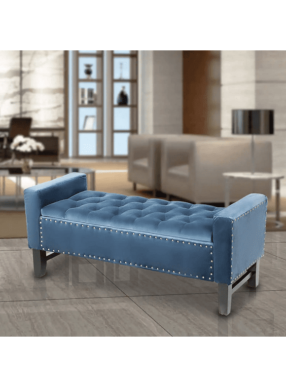 MoNiBloom Velvet Storage Bench, Upholstered Tufted Storage Ottoman with Wooden Legs, End of Bed Padded Entayway Bench for Living Room Bedroom Hallway, Navy Blue