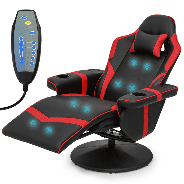 MoNiBloom Video Gaming Chair with Massage, Racing Gaming Chair with Bluetooth Speakers, Computer Chair with Adjustable Backrest and Footrest, Red