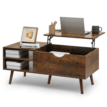 MoNiBloom Wood Lift Top Coffee Table with Hidden Storage Compartment, Rectangle Adjustable Storage Shelf, for Living Room, Rustic Brown