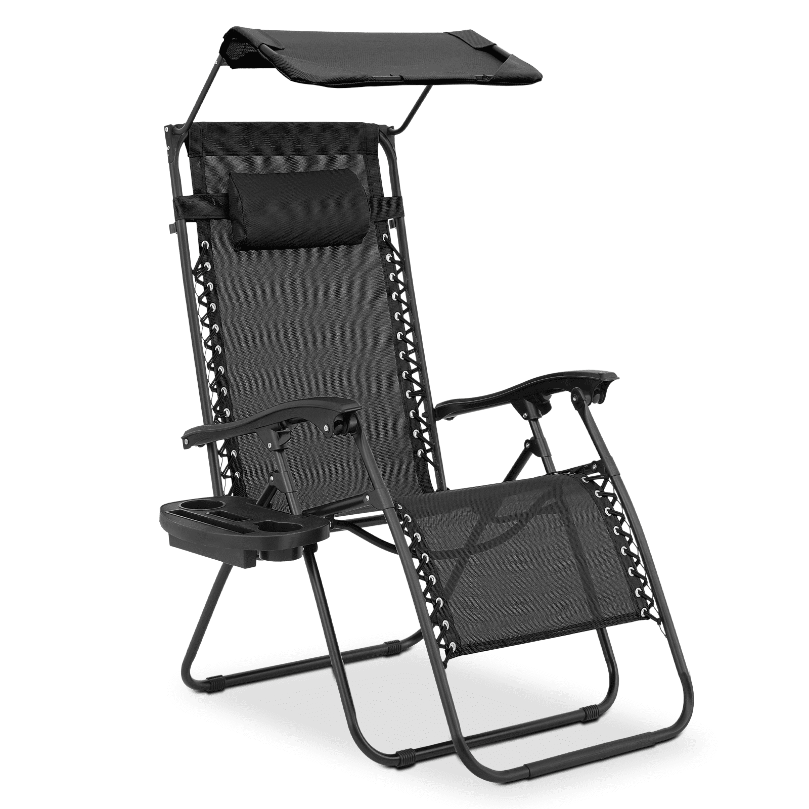Black Powder Coated Outdoor Zero Gravity Recliner with Canopy and Tray