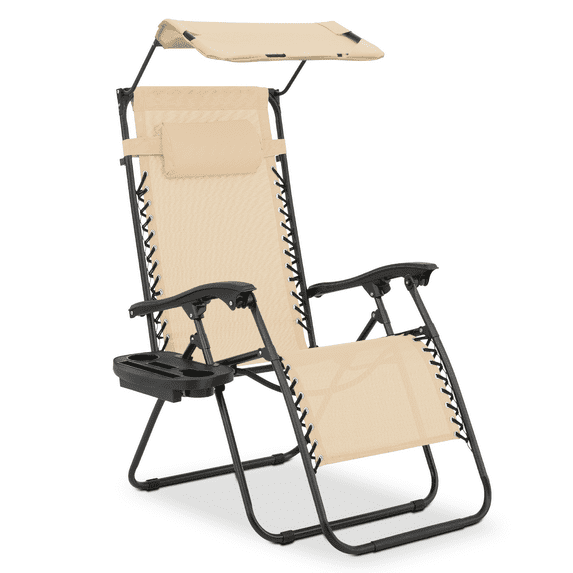 MoNiBloom Zero Gravity Chairs, Folding Outdoor Patio Beach Recliner with Canopy Shade & Headrest, Cream