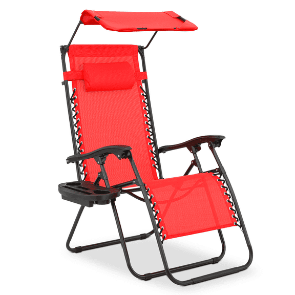 MoNiBloom Zero Gravity Chairs, Folding Outdoor Patio Beach Recliner with Canopy Shade & Headrest, Red