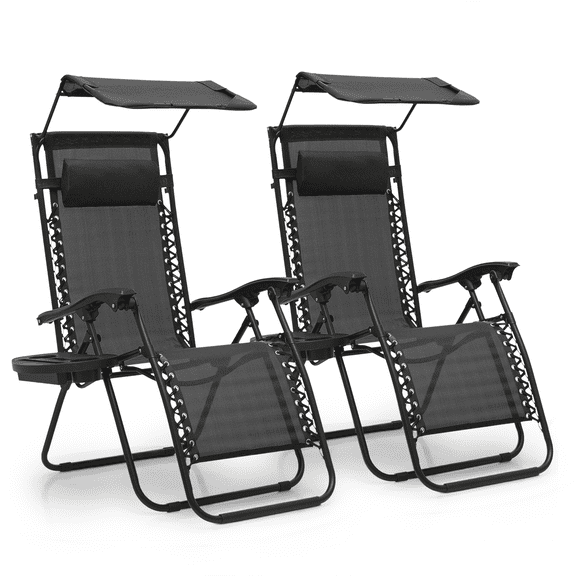 MoNiBloom Zero Gravity Chair Set of 2 with Canopy Shade, Patio Folding Anti Gravity Recliner, Foldable Outdoor Lounger with Cup Holder Tray for Beach Camping, Black