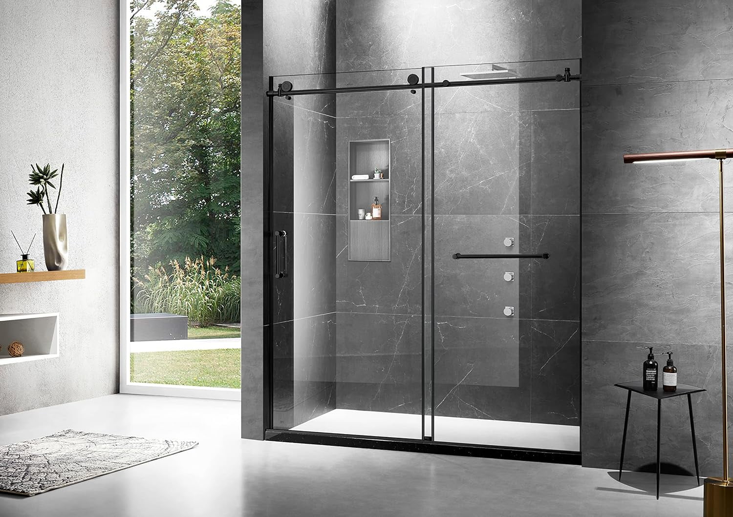 Elegant 48'' x 76'' Frameless Black Tempered Glass Shower Door