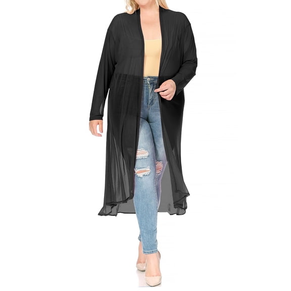 Moa Collection Long Cardigan Women's Plus Size Solid Open Front Long Sleeve Chiffon Mesh Swimsuit Cover Up Long Cardigan