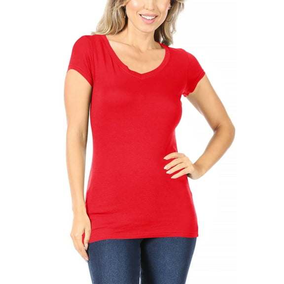 Moa Collection Women Casual Solid V-Neck Short Sleeve Basic T-Shirt Top