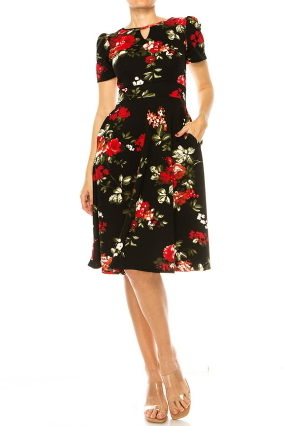 Moa Collection Women's A-Line Dress Puff Sleeves and Keyhole Front Casual Chic with Side Pock