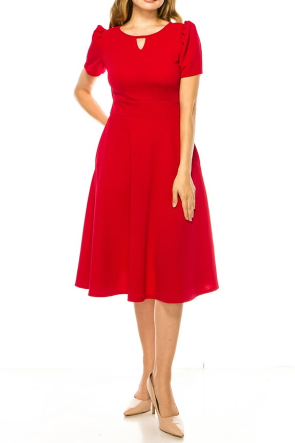 Moa Collection Women's A-Line Dress Puff Sleeves and Keyhole Front Casual Chic with Side Pock