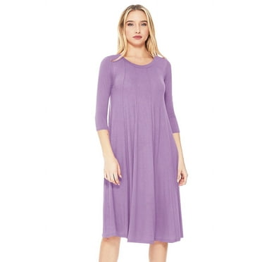 Moa Collection Women's Basic Round Neck 3/4 Sleeves A-line Casual Maxi Dress
