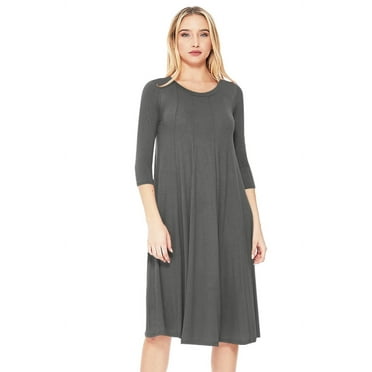 Moa Collection Women's Basic Round Neck 3/4 Sleeves A-line Casual Maxi Dress