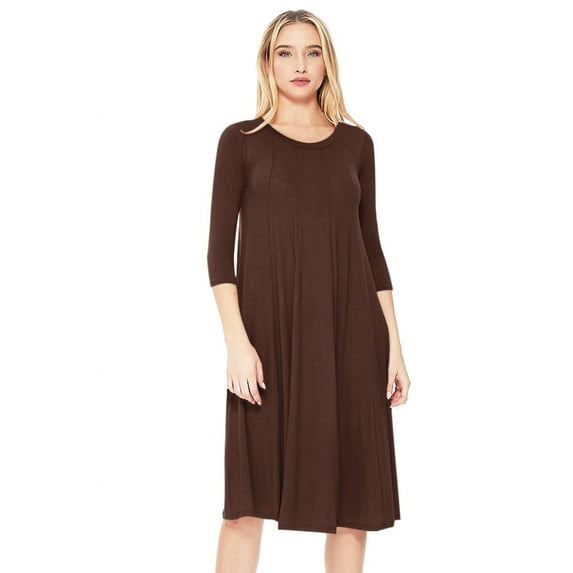 Moa Collection Women's Basic Round Neck 3/4 Sleeves A-line Casual Maxi Dress