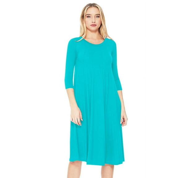 Moa Collection Women's Basic Round Neck 3/4 Sleeves A-line Casual Maxi Dress